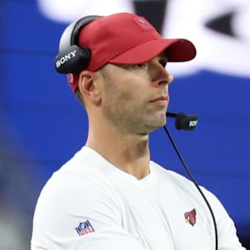 Nov 3, 2025; Arlington, Texas, USA; Arizona Cardinals head coach Jonathan Gannon looks on in the first half against the Dallas Cowboys at AT&T Stadium. Mandatory Credit: Kevin Jairaj-Imagn Images