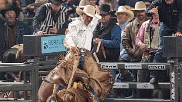 Wyatt Wegener competes in the saddle bronc riding competition on Friday, Nov. 15, 2024 during the North America Championship Rodeo at Freedom Hall in Louisville, Ky.
