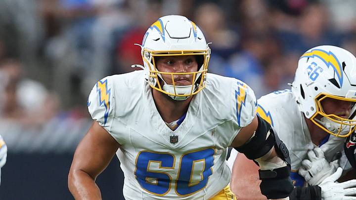 Aug 13, 2026; Houston, Texas, USA;  Los Angeles Chargers center Jacob Spomer (60) in action during the game against the Houston Texans at Reliant Stadium. Mandatory Credit: Troy Taormina-Imagn Images