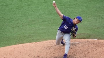 Kansas State pitcher Tyson Neighbors (16) pitches for the Wildcats in the second inning of the Texas Longhorns' game against the Kansas State at UFCU Disch-Falk Field, April 8, 2023. The Wildcats won the game 6-5.