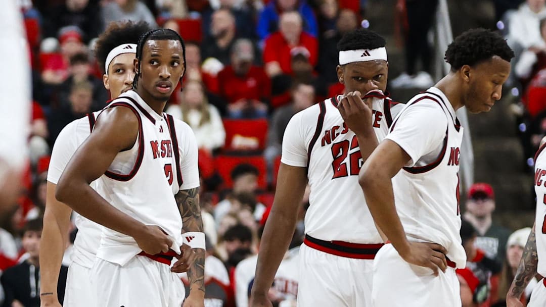 Jan 17, 2026; Raleigh, North Carolina, USA; NC State Wolfpack looks onto the Georgia Tech Yellow Jackets bench during the second half of the game against the Georgia Tech Yellow Jackets at Lenovo Center. Mandatory Credit: Jaylynn Nash-Imagn Images