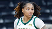 Nov 3, 2025; Paris, FRA;  Baylor Bears guard Taliah Scott (0) dribbles the ball upcourt against the Duke Blue Devils  during the first half at Adidas Arena. Mandatory Credit: Chris Jones-Imagn Images
