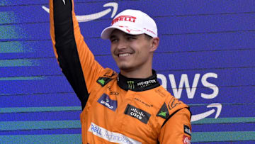 Jun 9, 2024; Montreal, Quebec, CAN;  McLaren driver Lando Norris (GBR) reacts after getting second place in the Canadian Grand Prix at Circuit Gilles Villeneuve. Mandatory Credit: Eric Bolte-Imagn Images