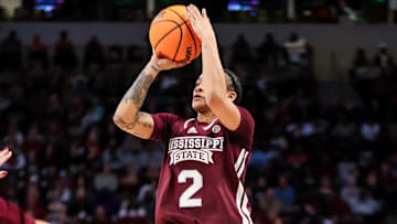 Jan 7, 2024; Columbia, South Carolina, USA; Mississippi State Bulldogs guard JerKaila Jordan (2) attempts a three point basket against the South Carolina Gamecocks in the second half at Colonial Life Arena. Mandatory Credit: Jeff Blake-Imagn Images