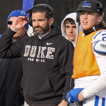 Nov 30, 2024; Winston-Salem, North Carolina, USA;  Duke Blue Devils head coach Manny Diaz on the sideline during the second half against the Wake Forest Demon Deacons at Allegacy Federal Credit Union Stadium. Mandatory Credit: Jim Dedmon-Imagn Images