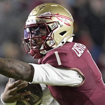 Nov 1, 2025; Tallahassee, Florida, USA; Florida State Seminoles quarterback Tommy Castellanos (1) runs the ball during the second half against the Wake Forest Demon Deacons at Doak S. Campbell Stadium. Mandatory Credit: Melina Myers-Imagn Images