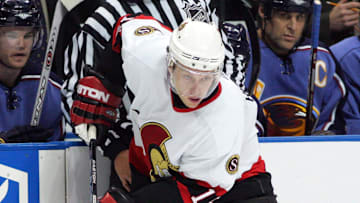 Nov 8, 2006; Atlanta, GA, USA;  Ottawa Senators forward (15) Dany Heatley carries the puck across the blue line against the Atlanta Thrashers in the third period at Philips Arena. The Thrashers defeated the Senators 5 to 4. Mandatory Credit: Photo by Dale Zanine Imagn Images Copyright (c) 2006 Dale Zanine 