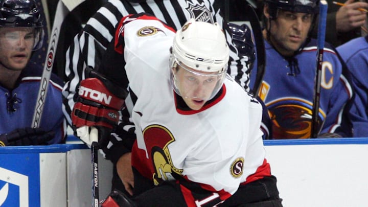 Nov 8, 2006; Atlanta, GA, USA;  Ottawa Senators forward (15) Dany Heatley carries the puck across the blue line against the Atlanta Thrashers in the third period at Philips Arena. The Thrashers defeated the Senators 5 to 4. Mandatory Credit: Photo by Dale Zanine Imagn Images Copyright (c) 2006 Dale Zanine 