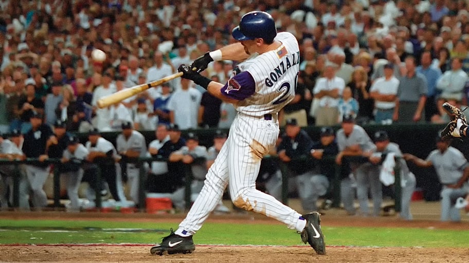 Luis Gonzalez of the Arizona Diamondbacks hits the game-winning single in Game 7 of the 2001 World Series.