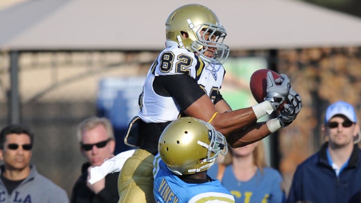 April 23, 2011; Los Angeles, CA, USA;  UCLA Bruins wide receiver Taylor Embree (82) attempts to catch a pass.