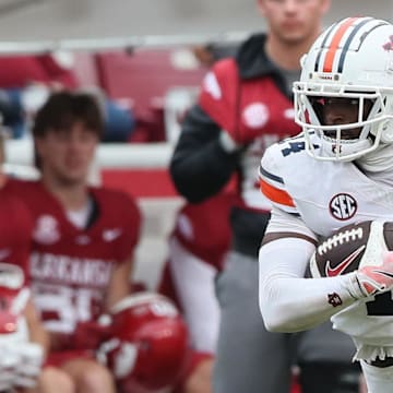 Auburn Tigers cornerback Rayshawn Pleasant intercepted two passes against Arkansas, including one he returned for a touchdown.