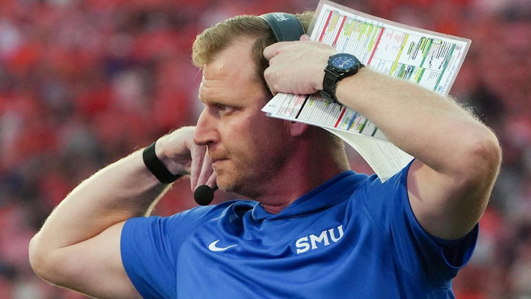SMU Mustangs coach Rhett Lashlee on the sidelines against the Clemson Tigers during the fourth quarter at Memorial Stadium in Clemson, S.C.