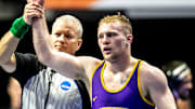 Northern Iowa's Cael Happel has his hand raised after his match with Columbia's Matt Kazimir at 141 pounds during the first session of the NCAA Division I Wrestling Championships, Thursday, March 16, 2023, at BOK Center in Tulsa, Okla.

230316 Ncaa S1 Wr 004 Jpg