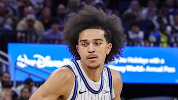 Orlando Magic guard Anthony Black brings the ball up court during the second quarter against the Chicago Bulls.
