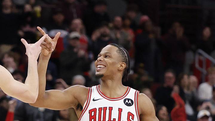 Jan 2, 2026; Chicago, Illinois, USA; Chicago Bulls forward Matas Buzelis (14) celebrates with forward Isaac Okoro (35) after defeating the Orlando Magic in a NBA game at United Center. Mandatory Credit: Kamil Krzaczynski-Imagn Images
