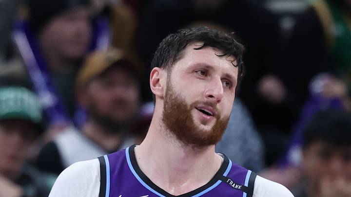 Dec 30, 2025; Salt Lake City, Utah, USA; Utah Jazz center Jusuf Nurkic (30) reacts after a play against the Boston Celtics during the second half at Delta Center. Mandatory Credit: Rob Gray-Imagn Images