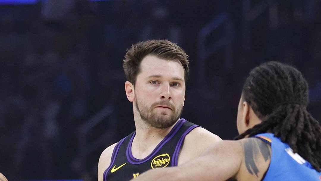 Apr 2, 2026; Oklahoma City, Oklahoma, USA; Los Angeles Lakers guard Luka Doncic (77) moves the ball against Oklahoma City Thunder forward Jaylin Williams (6) during the first quarter at Paycom Center. Mandatory Credit: Alonzo Adams-Imagn Images