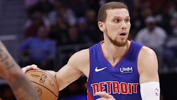 Former Detroit Pistons guard Malachi Flynn (14) dribbles in the first half against the Chicago Bulls at Little Caesars Arena.