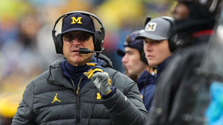 Michigan head coach Jim Harbaugh watches a play from the sidelines during an Oct. 14 game against Indiana.