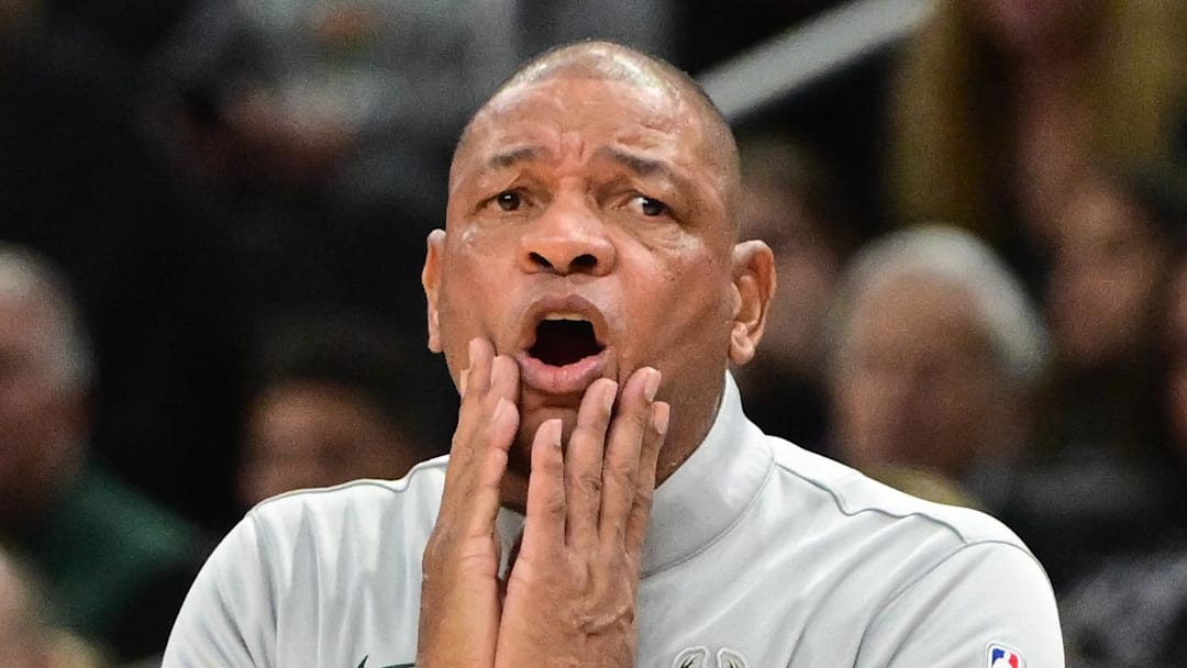 Milwaukee Bucks head coach Doc Rivers reacts in the second quarter against the Golden State Warriors at Fiserv Forum on October 30, 2025.