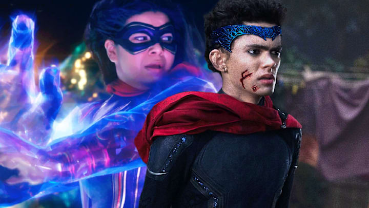 Iman Vellani as Kamala Khan in Ms. Marvel and Joe Locke as Billy Maximoff / Wiccan in Agatha All Along.