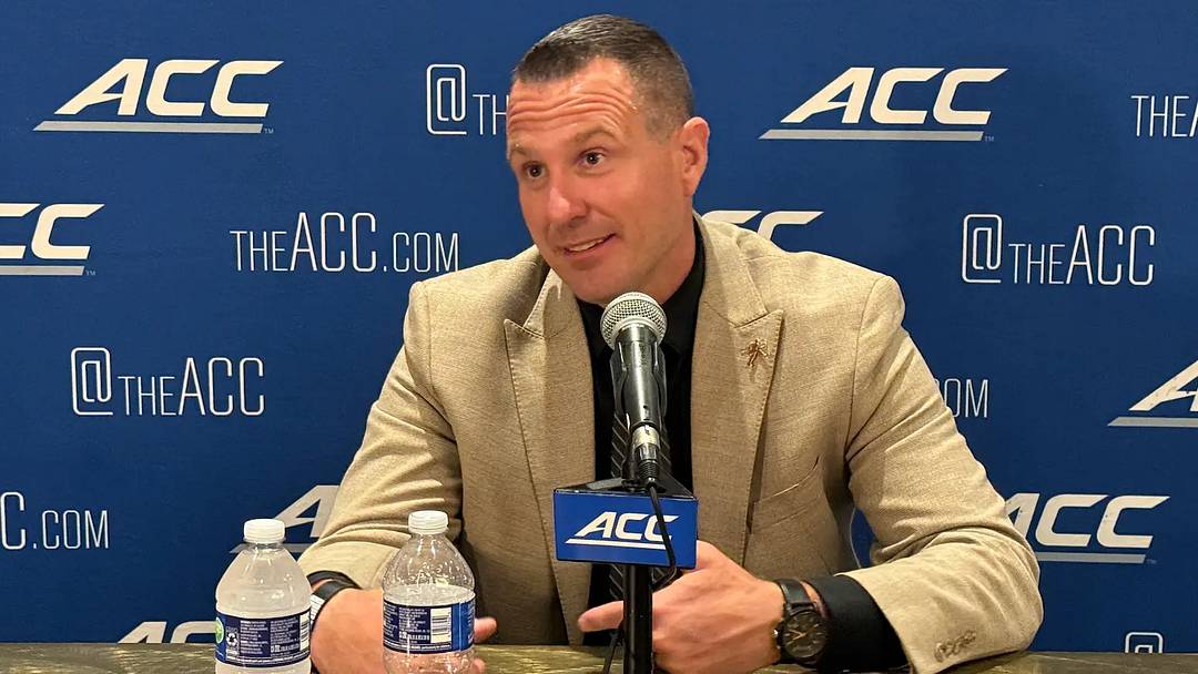 Wake Forest head coach Jake Dickert talks with members of the media at the 2026 ACC Kickoff on Friday, July 17 in Charlotte, NC