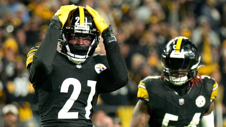 Pittsburgh Steelers cornerback Darius Rush (21) reacts to nearly making an interception against the Tennessee Titans during the fourth quarter of their their game at Acrisure Stadium in Pittsburgh, Penn., Thursday, Nov. 2, 2023. Pittsburgh Steelers cornerback Darius Rush (21) reacts to nearly making an interception against the Tennessee Titans during the fourth quarter of their their game at Acrisure Stadium in Pittsburgh, Penn., Thursday, Nov. 2, 2023.