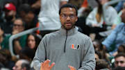 Nov 3, 2025; Coral Gables, Florida, USA; Miami Hurricanes head coach Jai Lucas reacts from he sideline against the Jacksonville Dolphins during the first half at Watsco Center. Mandatory Credit: Sam Navarro-Imagn Images
