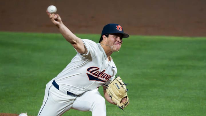 Auburn Tigers' Andreas Alvarez (21) pitches as Auburn Tigers take on Georgia Bulldogs at Plainsman Park in Auburn, Ala. on Friday, May 15, 2026.