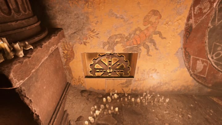 A cog behind a hidden panel on the mural.