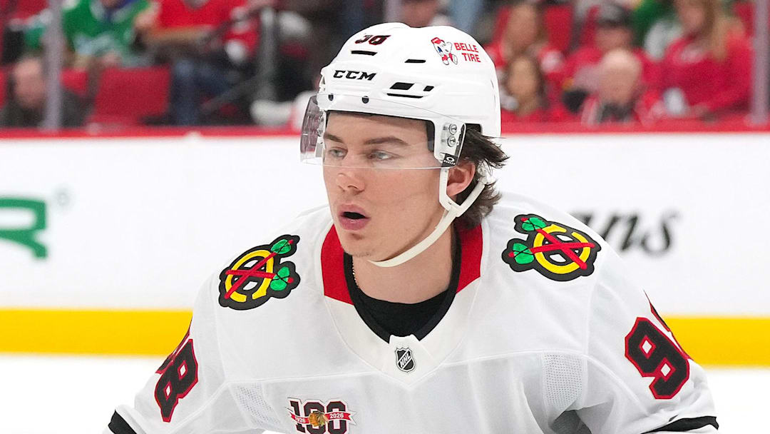 Jan 22, 2026; Raleigh, North Carolina, USA;  Chicago Blackhawks center Connor Bedard (98) skates against the Carolina Hurricanes during the third period at Lenovo Center. Mandatory Credit: James Guillory-Imagn Images