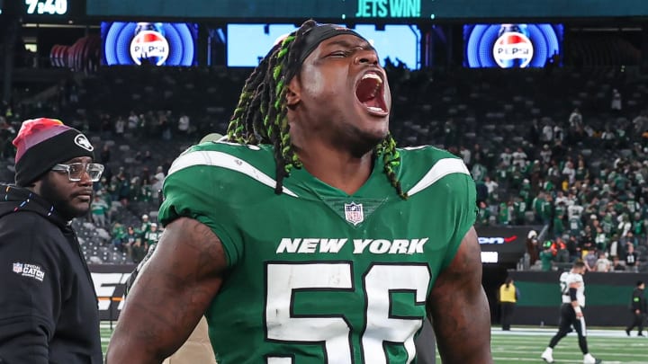Oct 15, 2023; East Rutherford, NJ; New York Jets linebacker Quincy Williams (56) on the field after defeating the Philadelphia Eagles at MetLife Stadium. 