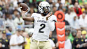 Sep 23, 2023; Eugene, Oregon, USA; Colorado Buffaloes quarterback Shedeur Sanders (2) looks to throw during the second half against the Oregon Ducks at Autzen Stadium. Mandatory Credit: Soobum Im-Imagn Images