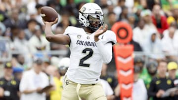 Sep 23, 2023; Eugene, Oregon, USA; Colorado Buffaloes quarterback Shedeur Sanders (2) looks to throw during the second half against the Oregon Ducks at Autzen Stadium. Mandatory Credit: Soobum Im-Imagn Images