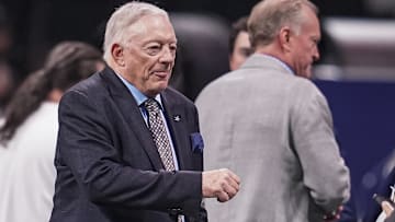 Dallas Cowboys team owner and general manager Jerry Jones shown on the field before the game against the Atlanta Falcons at Mercedes-Benz Stadium.