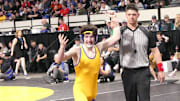 Sawyer Keinonen of Newberg celebrates after pinning top seed Nico  Farinola of Lincoln in the Class 6A 126-pound final Saturday night at the OSAA wrestling state championships.