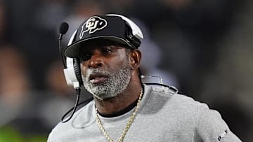 Oct 26, 2024; Boulder, Colorado, USA; Colorado Buffaloes head coach Deion Sanders walks the sidelines in the second half against the Cincinnati Bearcats at Folsom Field. Mandatory Credit: Ron Chenoy-Imagn Images