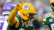 Green Bay Packers safety Xavier McKinney celebrates after Evan Williams' interception against the Vikings.
