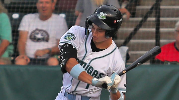 Daytona Tortugas' Tyson Lewis (1) hits the ball during the game against the St. Lucie Mets at Jackie Robinson Ballpark in Daytona Beach, Wednesday, Sept.10, 2025.