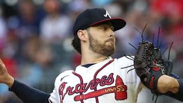 Jul 30, 2022; Atlanta, Georgia, USA; Atlanta Braves starting pitcher Ian Anderson (36) throws against the Arizona Diamondbacks in the first inning at Truist Park. Mandatory Credit: Brett Davis-Imagn Images
