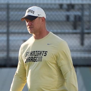 UCF Head Football Coach Scott Frost during UCF Spring football practice at FBC Mortgage Stadium in Orlando, Friday, April 11, 2025.