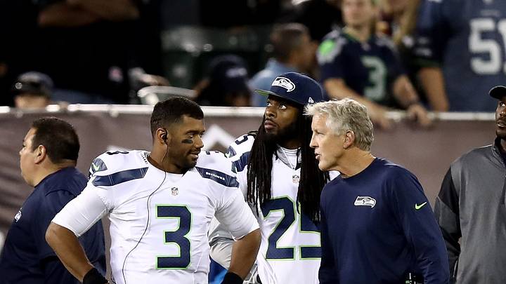 Richard Sherman, Russell Wilson and Pete Carroll with the Seattle Seahawks