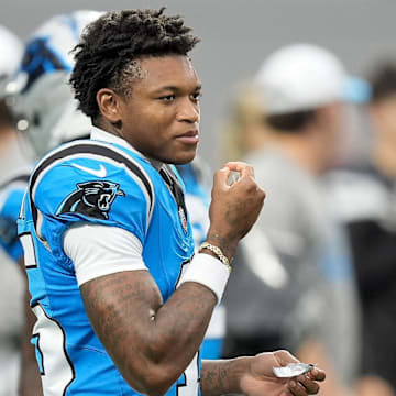 Aug 2, 2025; Charlottle, NC, USA;  Carolina Panthers wide receiver Jimmy Horn Jr. (15) during Fanfest at Bank of America Stadium. Mandatory Credit: Jim Dedmon-Imagn Images