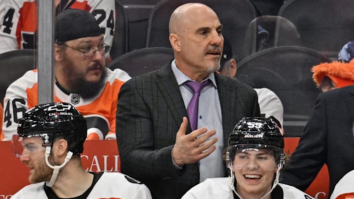 Apr 14, 2026; Philadelphia, Pennsylvania, USA; Philadelphia Flyers head coach Rick Tocchet with this team against the Montréal Canadiens during the third period at Xfinity Mobile Arena. Mandatory Credit: Eric Hartline-Imagn Images