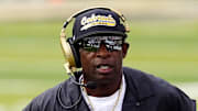 Aug 29, 2025; Boulder, Colorado, USA; Colorado Buffaloes head coach Deion Sanders during the first quarter against the Georgia Tech Yellow Jackets at Folsom Field. Mandatory Credit: Ron Chenoy-Imagn Images