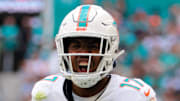 Dec 8, 2024; Miami Gardens, Florida, USA; Miami Dolphins wide receiver Jaylen Waddle (17) reacts after running with the football against the New York Jets during the second quarter at Hard Rock Stadium. Mandatory Credit: Sam Navarro-Imagn Images