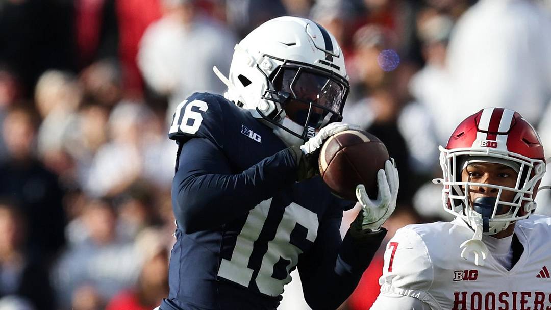 Nov 8, 2025; University Park, Pennsylvania, USA; Penn State Nittany Lions safety King Mack (16) intercepts the ball during the fourth quarter against the Indiana Hoosiers at Beaver Stadium. Mandatory Credit: Matthew O'Haren-Imagn Images Nov 8, 2025; University Park, Pennsylvania, USA; Penn State Nittany Lions safety King Mack (16) intercepts the ball during the fourth quarter against the Indiana Hoosiers at Beaver Stadium. Mandatory Credit: Matthew O'Haren-Imagn Images