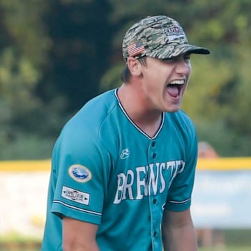 Teddy McGraw gets the final out for the Brewster Whitecaps in a Cape Cod League game against the Bourne Braves on Aug. 11, 2021, in Brewster, Mass.