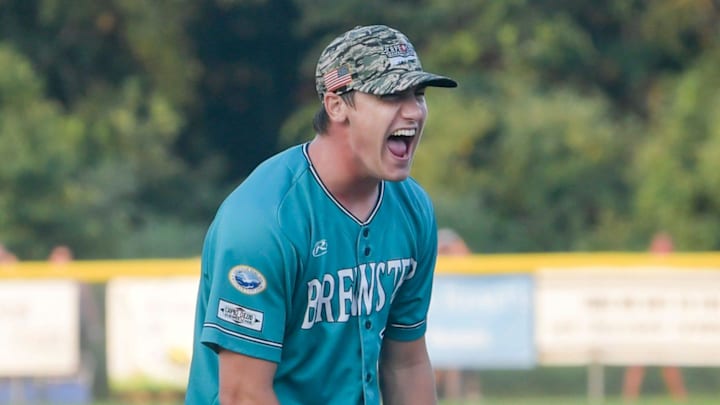 Teddy McGraw gets the final out for the Brewster Whitecaps in a Cape Cod League game against the Bourne Braves on Aug. 11, 2021, in Brewster, Mass.