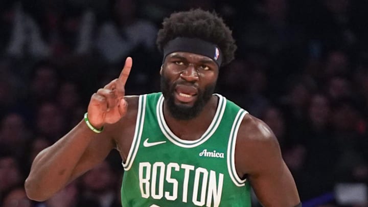 Apr 9, 2026; New York, New York, USA; Boston Celtics center Neemias Queta (88) celebrates a bucket with Boston Celtics forward Jayson Tatum (0) during the first half against the New York Knicks at Madison Square Garden. Mandatory Credit: Lucas Boland-Imagn Images